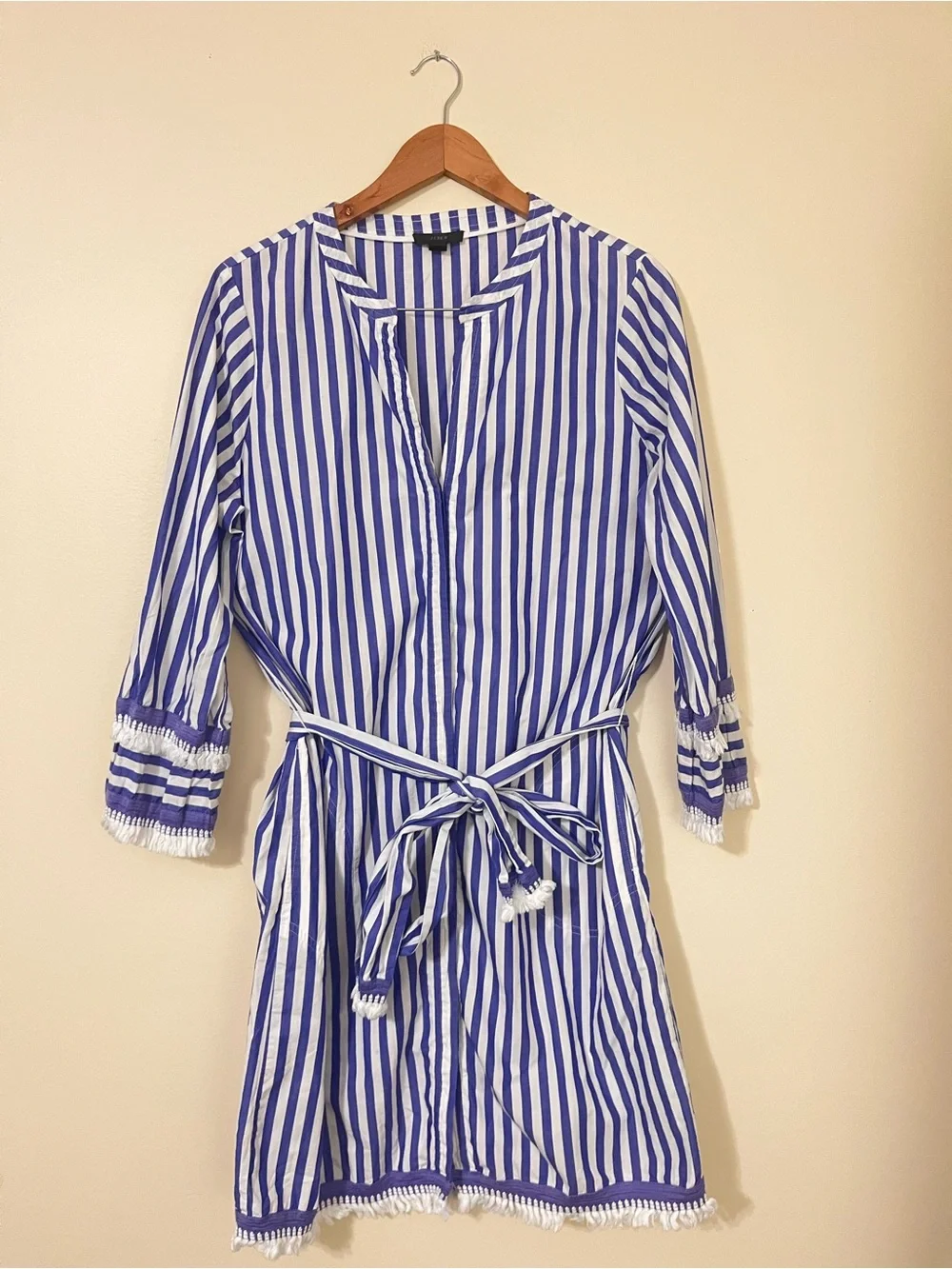 J. Crew Blue and White Striped Tie-Waist Mini Dress